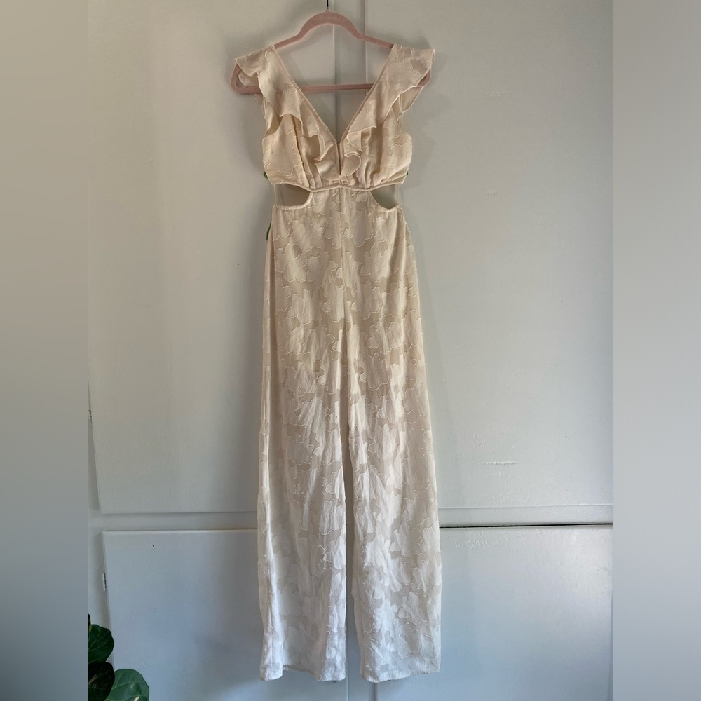 Cream Sleeveless Floral Sheer Wide-Illusion Leg Jumpsuit Ruffle NWOT Tie Back 6
